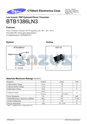 BTB1386LN3 datasheet - Low Vcesat PNP Epitaxial Planar Transistor