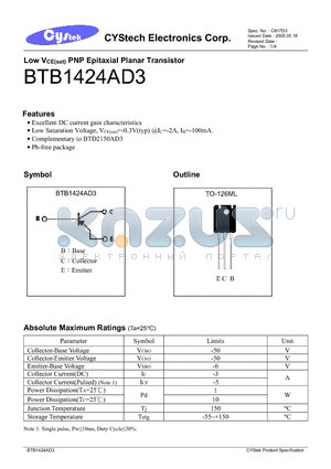 BTB1424AD3 datasheet - Low VCE(sat) PNP Epitaxial Planar Transistor