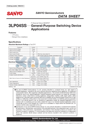 3LP04SS datasheet - P-Channel Silicon MOSFET General-Purpose Switching Device Applications