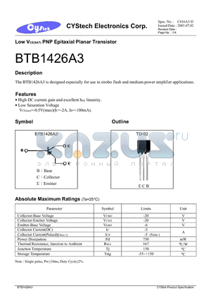 BTB1426A3 datasheet - Low VCE(SAT) PNP Epitaxial Planar Transistor