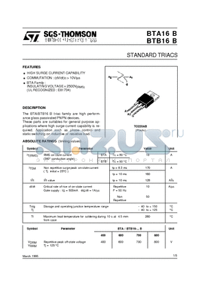 BTB16-400B datasheet - STANDARD TRIACS