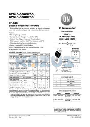 BTB16-600CW3G datasheet - Triacs Silicon Bidirectional Thyristors