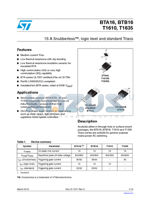 BTB16-600G-TR datasheet - 16 A Snubberless, logic level and standard Triacs