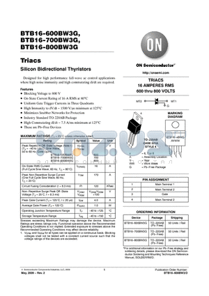 BTB16-800BW3G datasheet - Triacs Silicon Bidirectional Thyristors