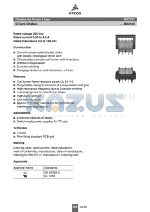 B82731-M2701-A30 datasheet - Chokes for Power Lines D Core Chokes