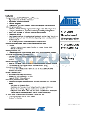 AT91SAM7L128PRE datasheet - numberHigh-performance 32-bit RISC Architecture