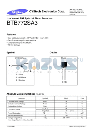 BTB772SA3 datasheet - Low Vcesat PNP Epitaxial Planar Transistor