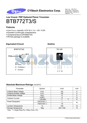 BTB772T3 datasheet - Low Vcesat PNP Epitaxial Planar Transistor