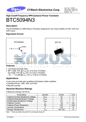 BTC5094N3 datasheet - High Cutoff Frequency NPN Epitaxial Planar Transistor