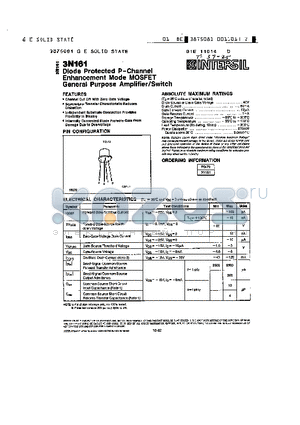 3N161 datasheet - DIODE PROTECTED P-CHANNEL ENGANCEMENT MODE MOSFET GENERAL PUROPSE AMPLIFIER/SWITCH