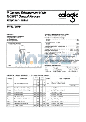 3N163 datasheet - P-Channel Enhancement Mode MOSFET General Purpose Amplifier Switch