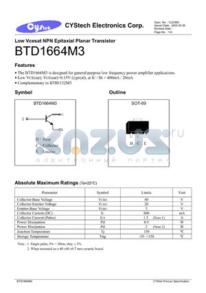 BTD1664M3 datasheet - Low Vcesat NPN Epitaxial Planar Transistor