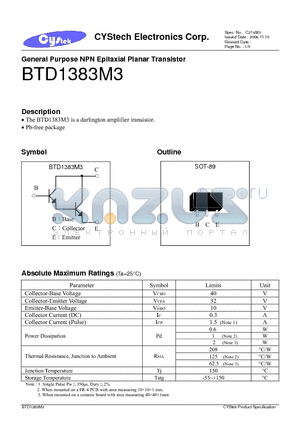 BTD1383M3 datasheet - General Purpose NPN Epitaxial Planar Transistor
