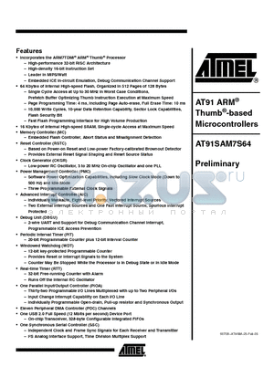 AT91SAM7S64-AU-001 datasheet - AT91 ARM Thumb-based Microcontrollers