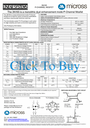 3N165_TO-78 datasheet - a monolithic dual enhancement mode P-Channel Mosfet