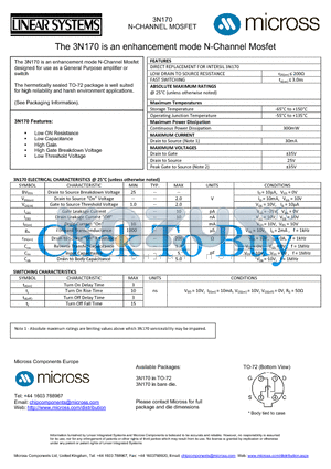 3N170_TO-72 datasheet - an enhancement mode N-Channel Mosfet