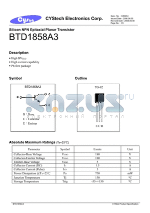 BTD1858A3 datasheet - Silicon NPN Epitaxial Planar Transistor