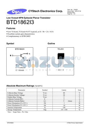 BTD1862I3 datasheet - Low Vcesat NPN Epitaxial Planar Transistor