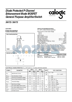 3N173 datasheet - Diode Protected P-Channel Enhancement Mode MOSFET General Purpose Amplifier/Switch