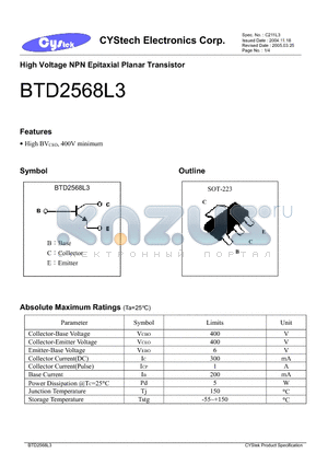 BTD2568L3 datasheet - High Voltage NPN Epitaxial Planar Transistor