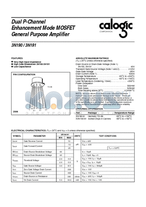 3N190-91 datasheet - Dual P-Channel Enhancement Mode MOSFET General Purpose Amplifier