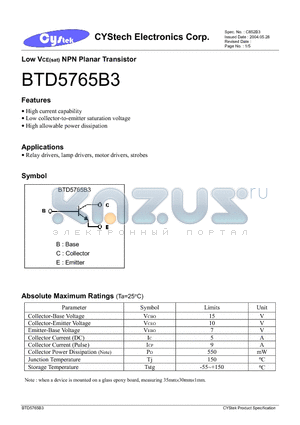 BTD5765B3 datasheet - Low VCE(sat) NPN Planar Transistor