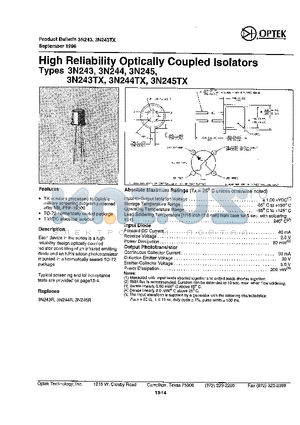 3N243 datasheet - High Reliability Opeically Coupled Isolators