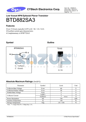 BTD882SA3 datasheet - Low Vcesat NPN Epitaxial Planar Transistor