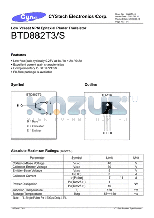 BTD882T3S datasheet - Low Vcesat NPN Epitaxial Planar Transistor
