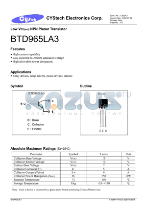 BTD965LA3 datasheet - Low VCE(sat) NPN Planar Transistor