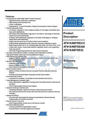 AT91SAM7SE512-CU datasheet - Incorporates the ARM7TDMI ARM Thumb Processor