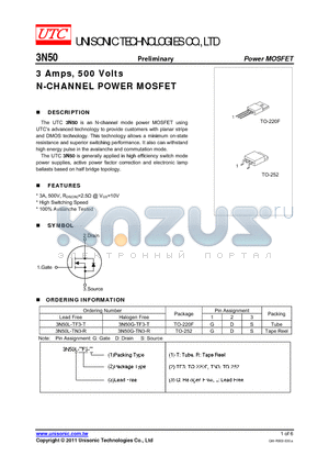 3N50G-TF3-T datasheet - 3 Amps, 500 Volts N-CHANNEL POWER MOSFET