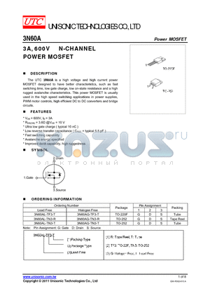 3N60AG-TF3-T datasheet - 3A, 600V N-CHANNEL POWER MOSFET
