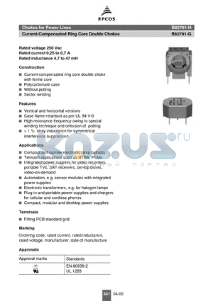 B82791-G2601-N1 datasheet - Chokes for Power Lines Current-Compensated Ring Core Double Chokes