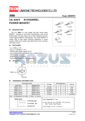 3N60G-TF1-T datasheet - 3A, 600V N-CHANNEL POWER MOSFET