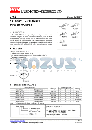 3N65G-TF1-T datasheet - 3A, 650V N-CHANNEL POWER MOSFET