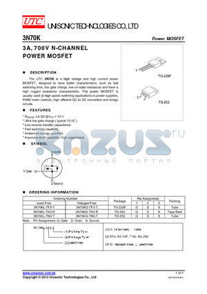 3N70KL-TF3-T datasheet - 3A, 700V N-CHANNEL POWER MOSFET