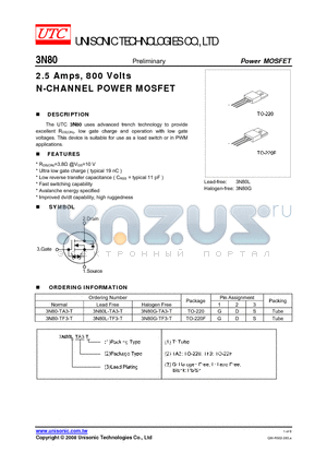 3N80-TF3-T datasheet - 2.5 Amps, 800 Volts N-CHANNEL POWER MOSFET