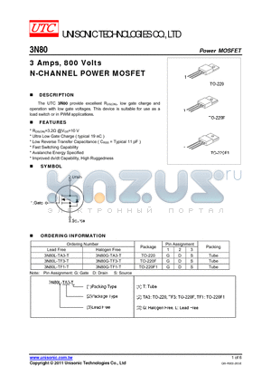3N80G-TA3-T datasheet - 3 Amps, 800 Volts N-CHANNEL POWER MOSFET