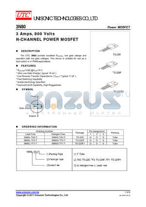 3N80G-TF1-T datasheet - 3 Amps, 800 Volts N-CHANNEL POWER MOSFET