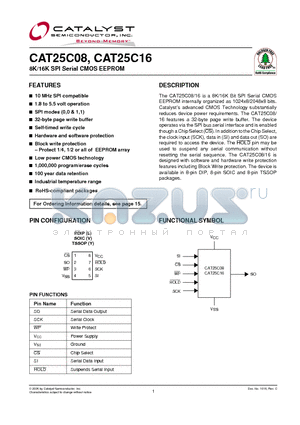 CAT25C08L1I-1.8T3 datasheet - 8K/16K SPI Serial CMOS EEPROM