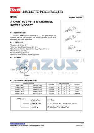 3N90G-TF3-T datasheet - 3 Amps, 900 Volts N-CHANNEL POWER MOSFET