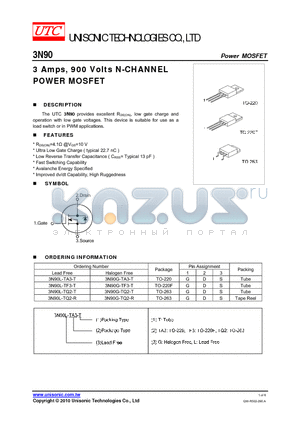 3N90G-TQ2-R datasheet - 3 Amps, 900 Volts N-CHANNEL POWER MOSFET