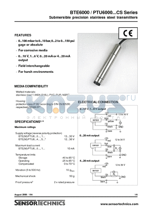 BTEM6350G1CXS datasheet - Submersible precision stainless steel transmitters