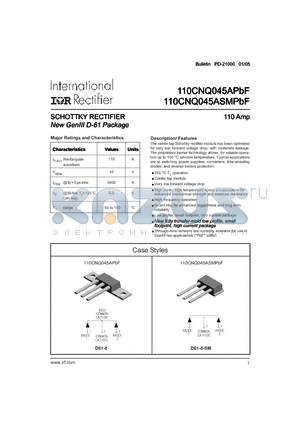 110CNQ045APBF datasheet - SCHOTTKY RECTIFIER New GenIII D-61 Package