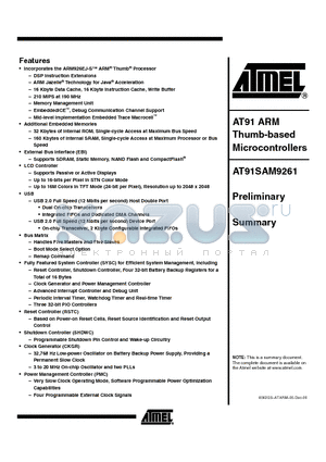 AT91SAM9261 datasheet - AT91 ARM Thumb-based Microcontrollers