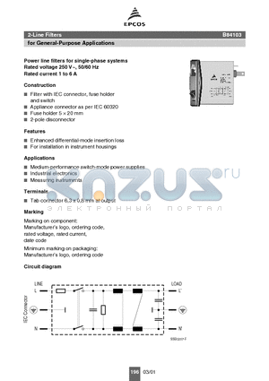 B84103-S1-A10 datasheet - Power line filters for single-phase systems Rated voltage 250 V~, 50/60 Hz Rated current 1 to 6 A