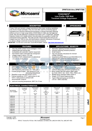 3PMT11A datasheet - POWERMITE Low Profile 1500 Watt Transient Voltage Suppressor