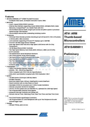 AT91SAM9M11-CU datasheet - AT91 ARM Thumb-based Microcontrollers