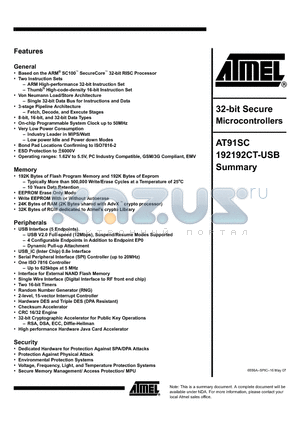 AT91SC192192CT-USB datasheet - 32-bit Secure Microcontrollers